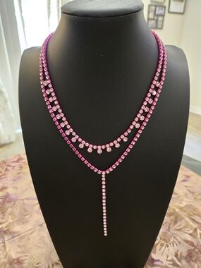 Pink Crystal Layered Drop Necklace - Unbranded